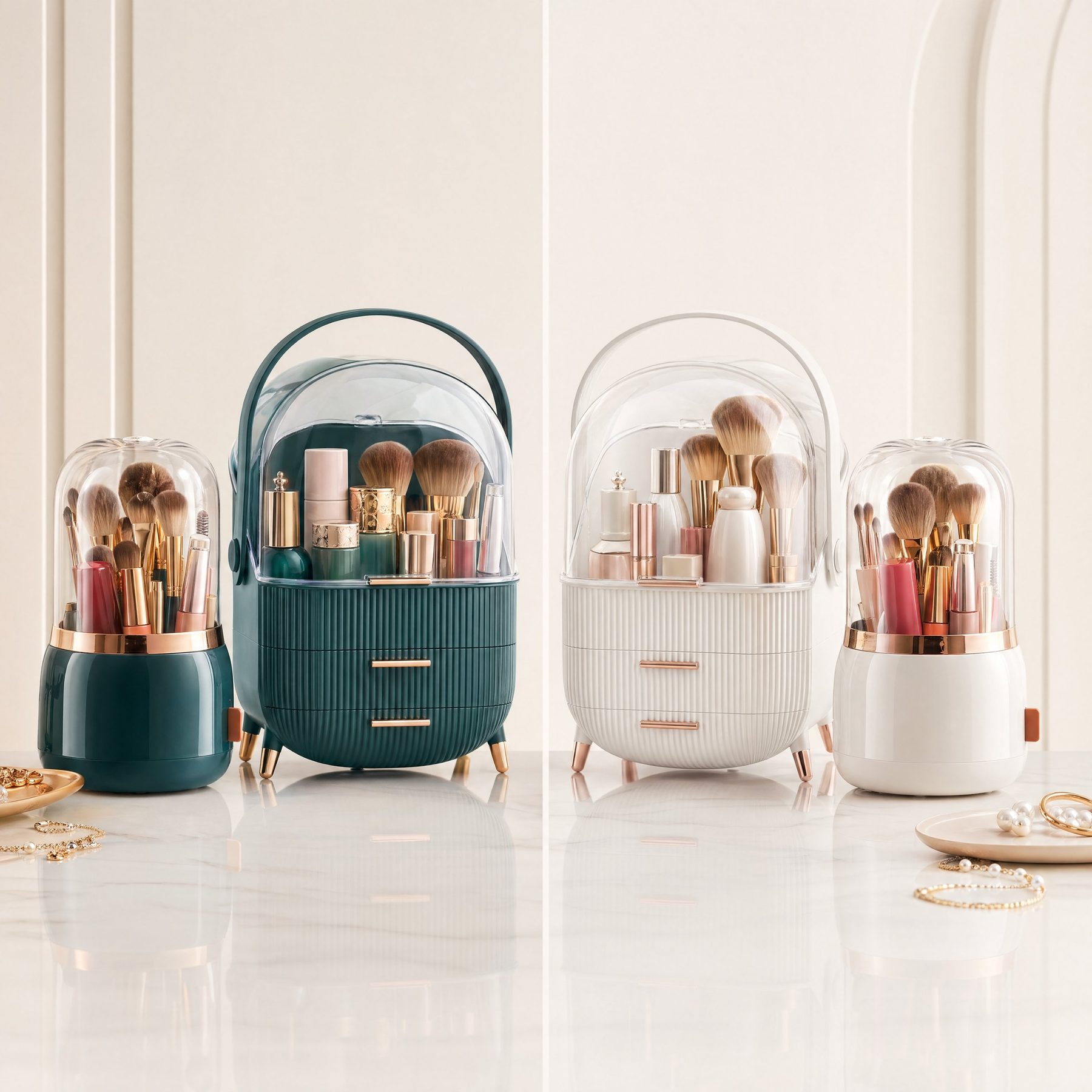 The organiser set in Teal Green and in White, side by side
