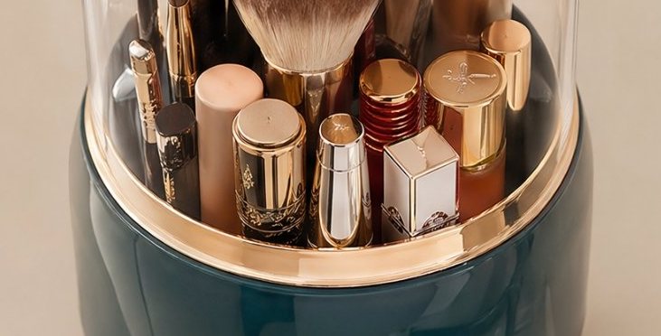 Brushes, lipsticks and pencils stand upright