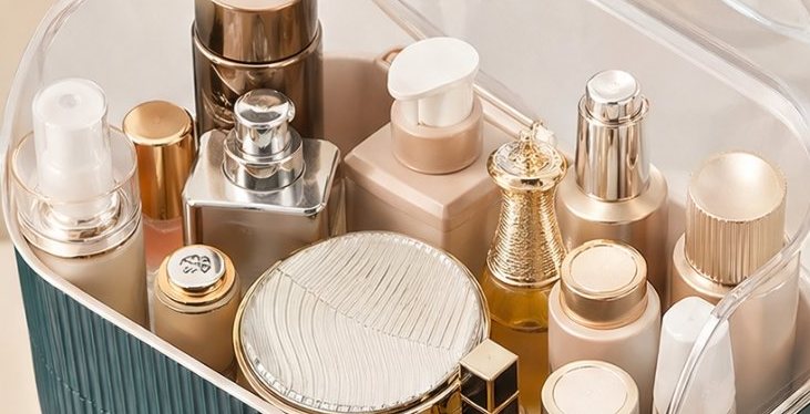 Bottles and jars stand under the clear lid