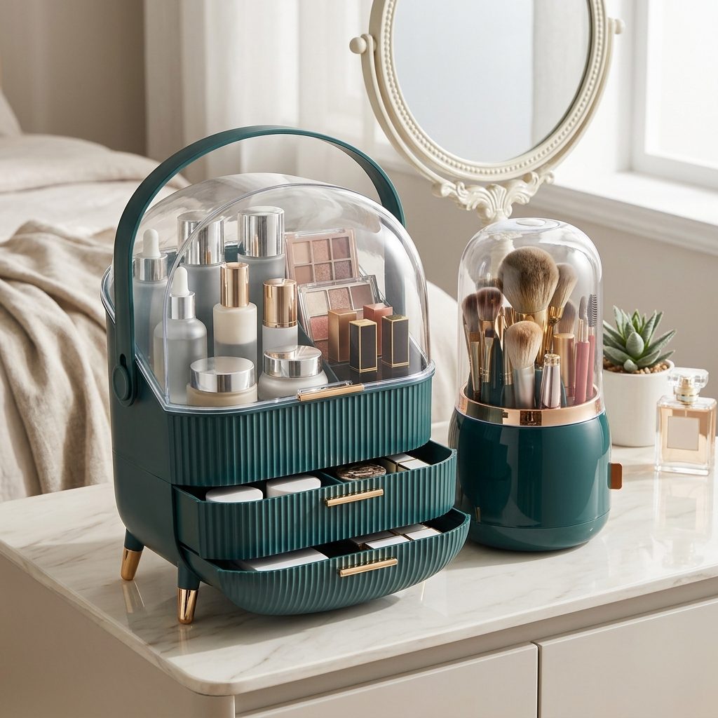Teal Green organiser on a bedside dressing table