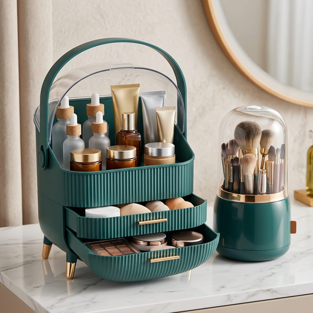 Teal Green organiser set on a marble dressing table