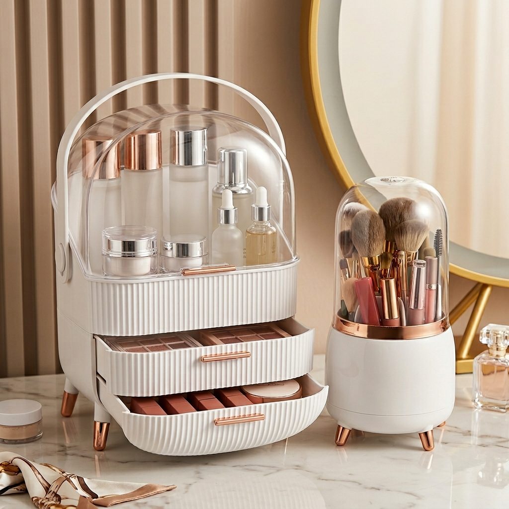 White organiser with its drawers open on a marble top