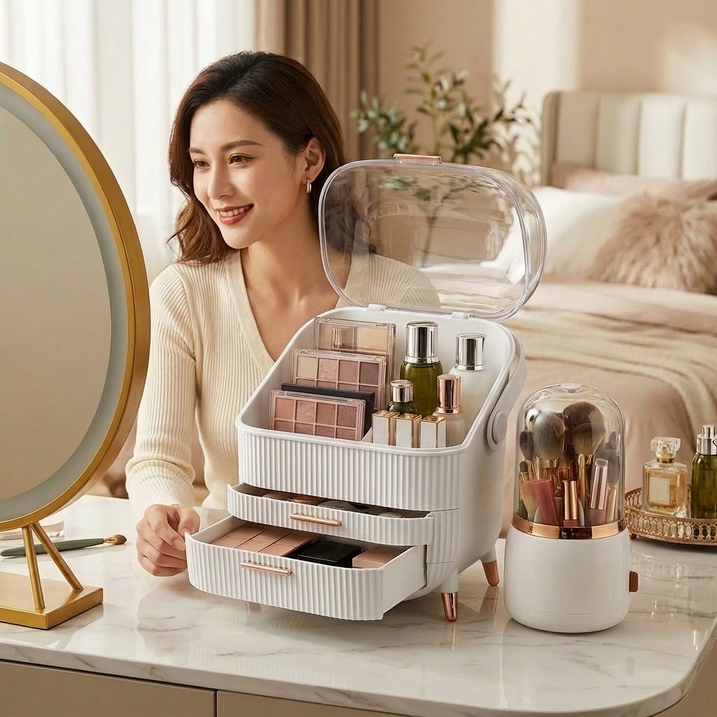 White organiser in use at a dressing table mirror