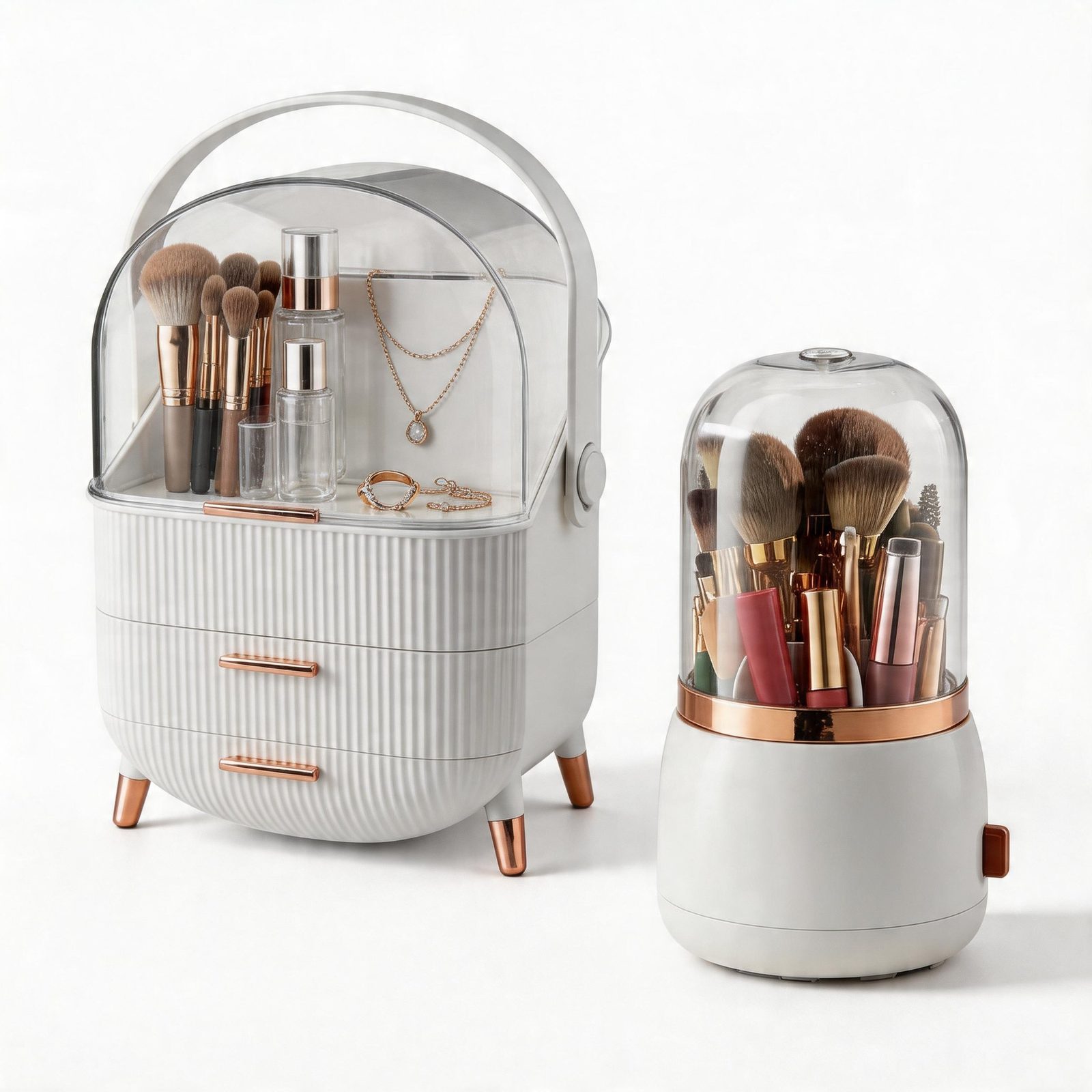White organiser set holding brushes, bottles and jewellery